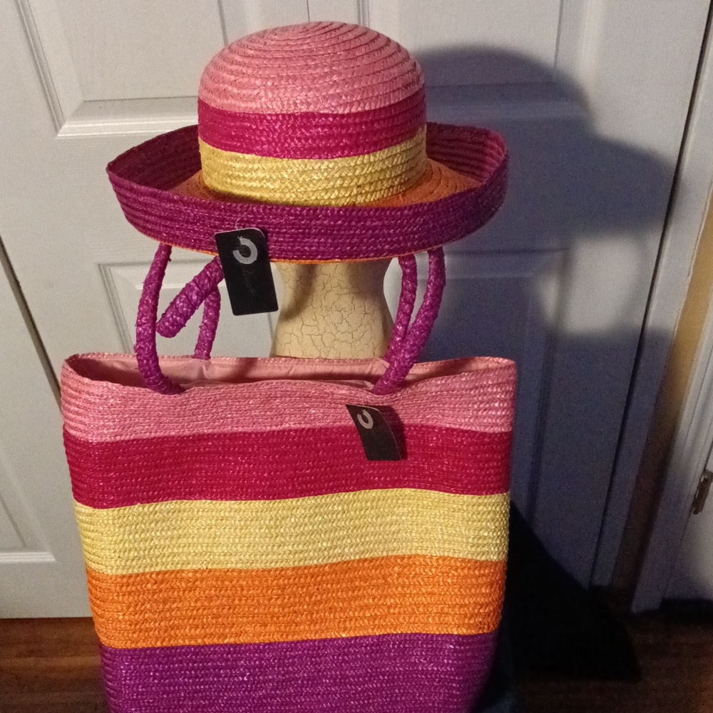 Colorful Striped Women's Tote Bag And Straw Hat !!! By Ashley Stewart.